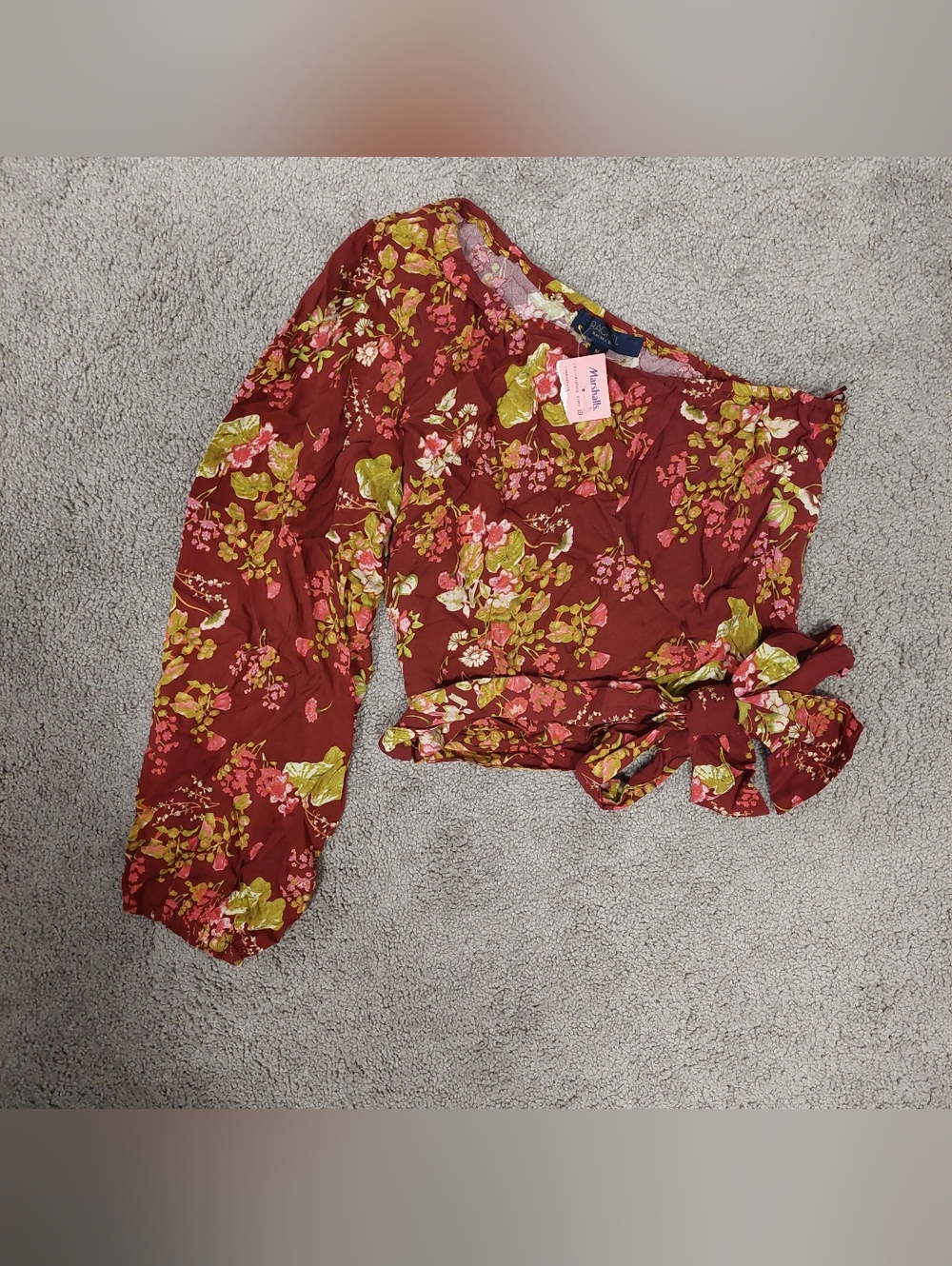 RACHEL Rachel Roy blouse Medium cropped red pink green one shoulder tie waist